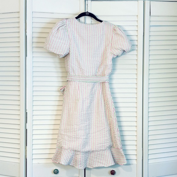 DRAPER JAMES RSVP Puff Sleeve Faux-Wrap Dress Pink and Green Striped XS - Picture 6 of 9